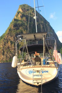 Blue Moon anchored in front of Petit Piton, St Lucia