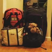 Two duffles, one backpack, one tote, and a well-travelled bear